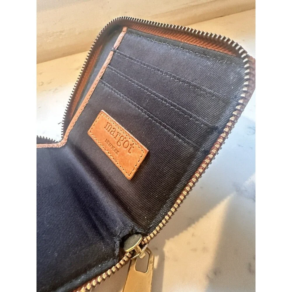 Margot Cognac Brown Leather Chevron Cyrus Slim Zip Around Wallet 5”x1”x4.5”